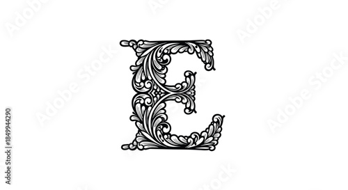 Intricate letter e initial with detailed black and white floral and scrollwork ornaments in a vintage decorative style.