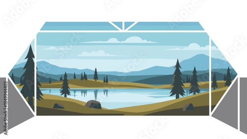 Serene landscape featuring a calm lake surrounded by lush green hills and distant mountains viewed through a tent opening.