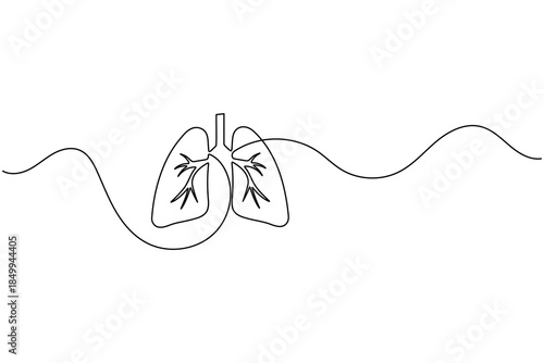 Single continuous line drawing illustrating human lungs and the concept of breathing