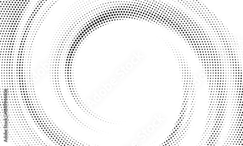 Halftone concentric circle background. Black and white dotted circular gradient. Radial fading comic texture. Grunge rough round pop art backdrop. Vector dot line epicenter wallpaper concept