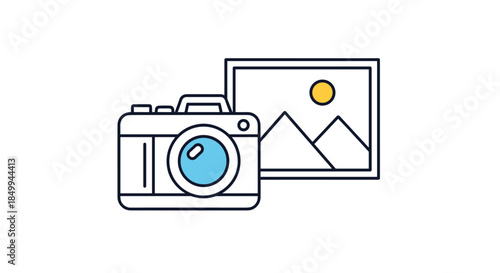 Photography concept icon showing a digital camera next to a printed photograph of mountains and a bright sun in the distance.