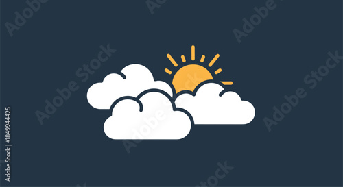 Partly cloudy weather forecast icon showing a yellow sun partially hidden behind white fluffy clouds on dark blue background.