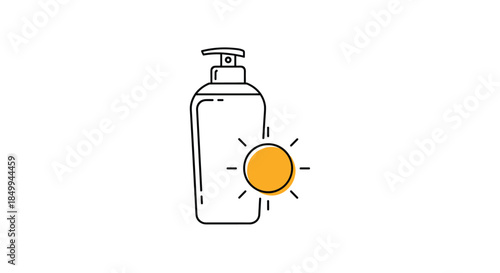 Sunscreen bottle with a sun icon depicting uv protection and skin safety for summer and outdoor activities at the beach.
