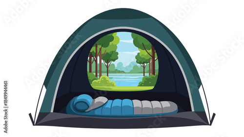 Inside a cozy camping tent reveals a serene lakeside view with lush trees and a rolled-out sleeping bag, inviting outdoor adventure.