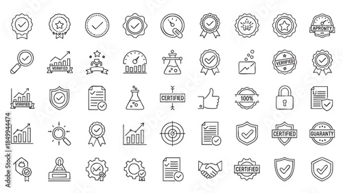 Comprehensive collection of quality assurance verification and approval line icons for business processes