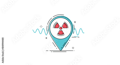 Nuclear facility location pin with a radiation warning symbol and signal waves for hazard area identification.