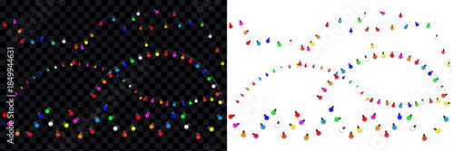 Colorful festive string lights arranged in decorative patterns. These vibrant bulbs are suitable for holiday celebrations and party backgrounds.