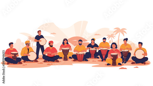 Diverse group of people joyfully playing traditional drums together in a vibrant outdoor setting, creating a lively musical atmosphere.