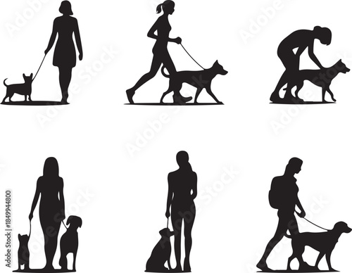 Dog Walking Silhouette Icon Set