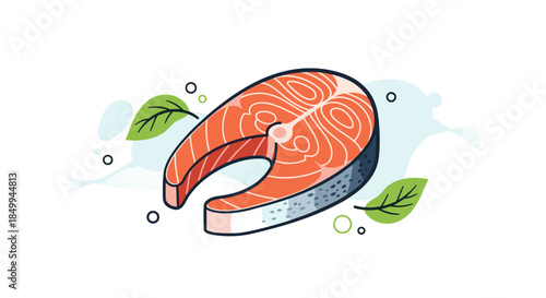 Detailed illustration of a fresh salmon steak fillet accompanied by green herb leaves and abstract decorative water splashes.