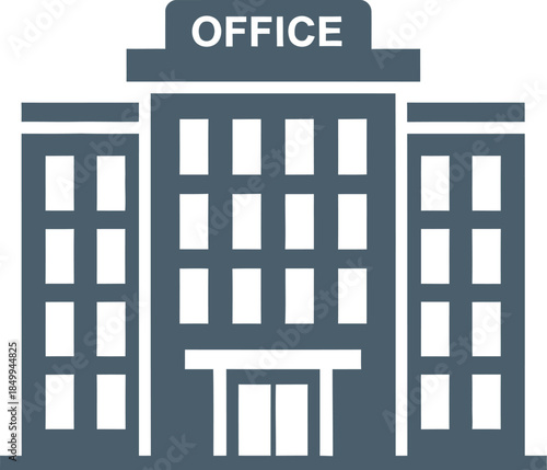 Modern office building exterior with sign, corporate architecture, business center, professional workspace, urban landscape, daytime