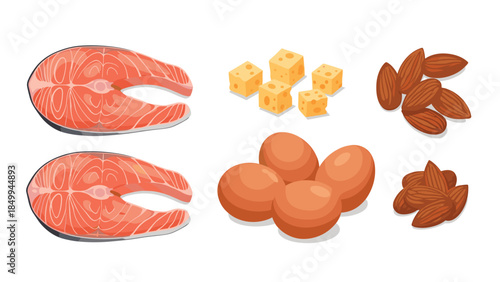 Nutrient rich foods including salmon, eggs, cheese, and almonds are displayed in a colorful, illustrative composition.