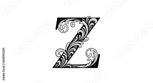 Elegantly decorated letter Z featuring intricate floral swirls and vintage engraving style for ornamental typography and monogram designs.