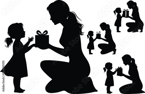 Silhouettes of Women and Children Giving Gifts presents