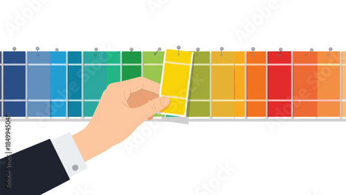 Hand selecting a yellow color swatch from a vibrant range of paint samples pinned to a white surface.