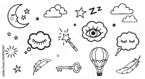 Doodle illustration of sleep and dreams with moon stars clouds key
