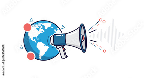 Global announcement concept featuring a megaphone projecting sound waves over a world map to represent international communication news.