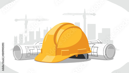 Construction helmet rests on architectural blueprints with a cityscape and cranes in the background, symbolizing building and engineering.