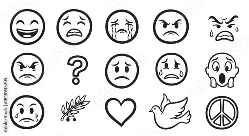 Doodle Style Emoticons Showing Different Emotions and a Laurel Wreath