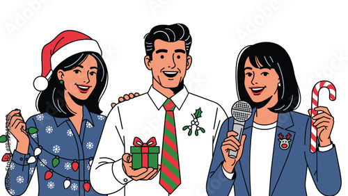 Festive coworkers celebrate the holidays with gifts, music, and cheerful decorations in a retro-style illustration.