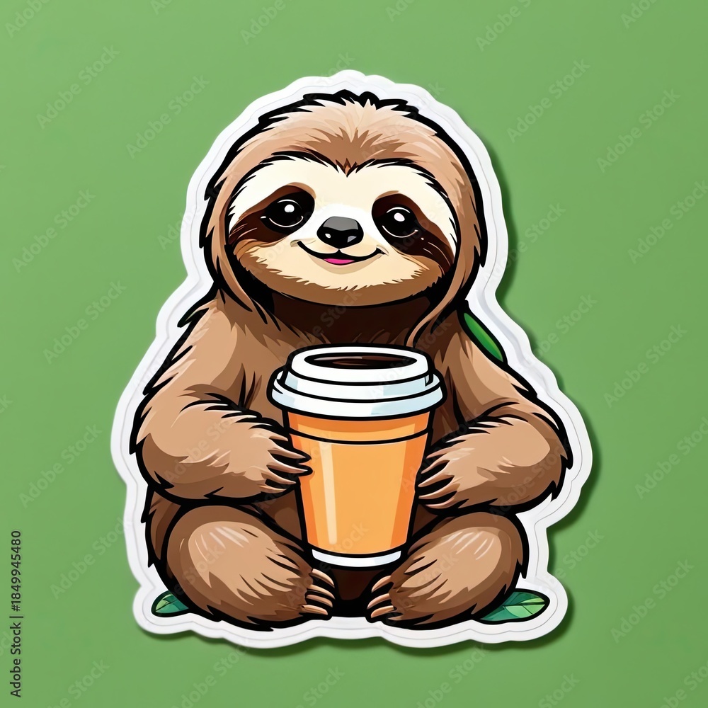 Obraz premium Cute sloth character holding a coffee cup with a cheerful expression on a green background