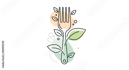 Eco-friendly dining icon featuring a fork combined with growing green leaves and abstract soft colored background shapes.