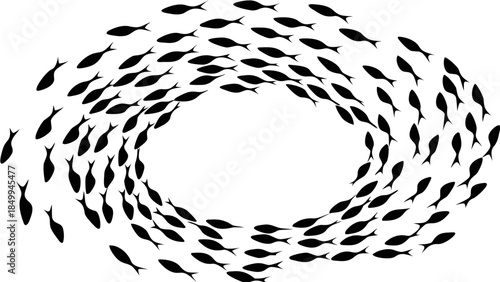School of fish swimming in circular formation on white background