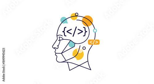 Programming and software development concept showing a human head profile with coding brackets inside the brain area.