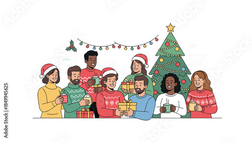 Diverse group of friends cheerfully exchanging gifts and enjoying warm beverages around a decorated christmas tree during the holidays.