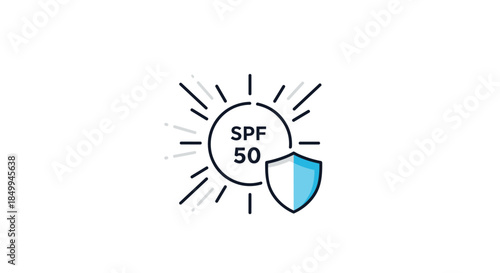 Sun protection concept icon displaying SPF fifty text next to a protective shield and stylized sun rays for skincare.