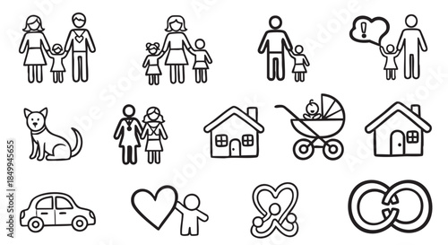 Family Icons with Healthcare Dog Car and Heart Line Art