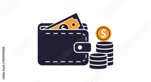 Personal finance icon featuring a dark wallet with protruding cash bills and stacks of golden coins for wealth management.