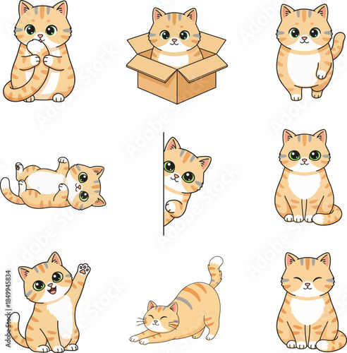Cute Cat Vector Set – Cartoon Kawaii Cat Poses and Emotions