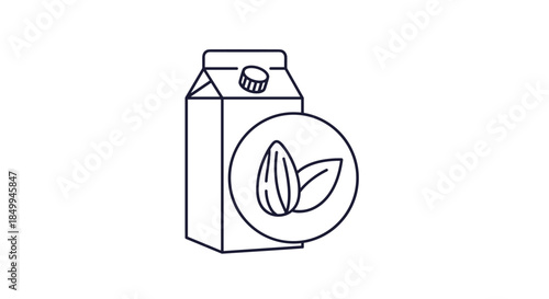 Plant based almond milk carton illustration with a simple line art almond nut symbol for dairy free beverage options.