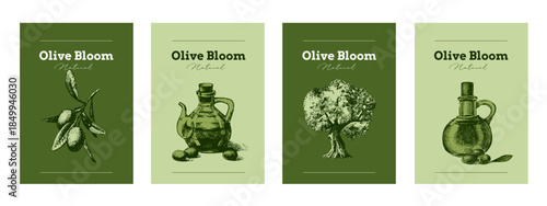 Vintage sketch banners. Extra virgin, farm product, Mediterranean cuisine, cosmetic, organic farm, packaging label, bottle sticker, menu header. Engraved hand drawn vector illustration.