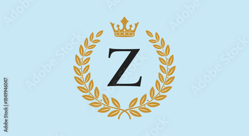 Royal monogram featuring the letter Z centered within a golden laurel wreath topped with a crown on a light blue background.