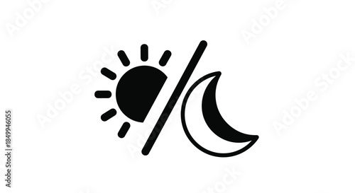Day and night concept icon showing a sun and a crescent moon separated by a diagonal line in black and white.