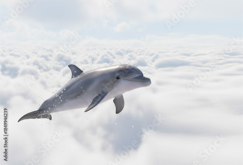 Dolphin, 3d render, High Jump in clouds. Stunning portrait of dolphin.
