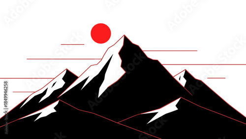 Mountain Peaks with Snow and Red Sun.