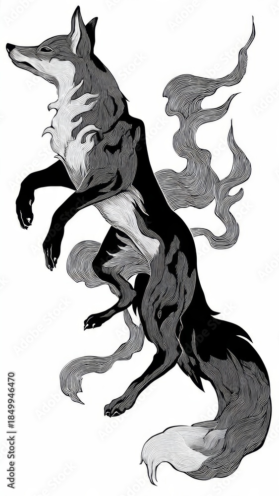 Fototapeta premium Elegant Nine-Tailed Fox Illustration in Black and White