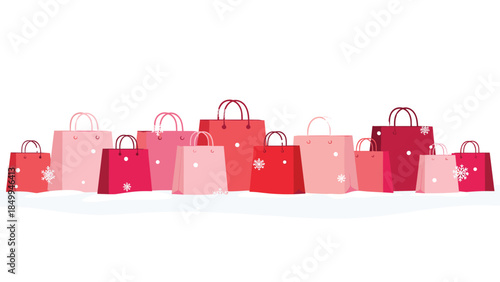 Colorful shopping bags arranged in a row with snowflake designs suggest seasonal sales and retail promotions.