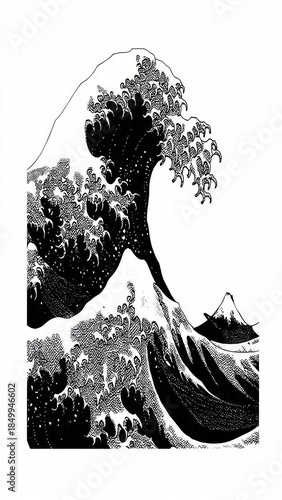 Dramatic Ocean Wave Illustration in Black and White

