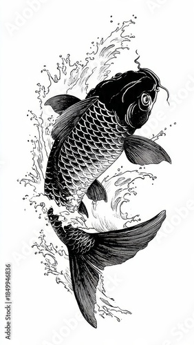 Detailed Koi Fish Swimming in Waves Illustration


