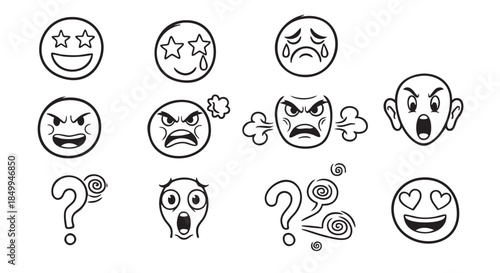 Hand drawn Emoji Vector Illustration different moods and expressions