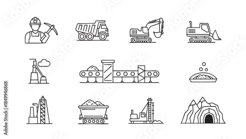Line art icons for mining industry workers heavy equipment and resource extraction operations