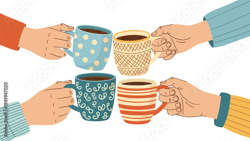 Four hands gather in a circle holding colorful mugs filled with warm beverages, symbolizing connection and shared moments.