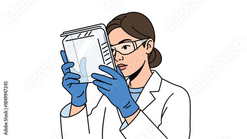 Female scientist in a lab coat and safety goggles carefully examines a clear plastic sample with gloved hands.