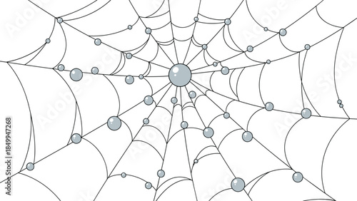 Intricate spiderweb design with dewdrop like spheres creates a delicate and symmetrical pattern, evoking nature's artistry.