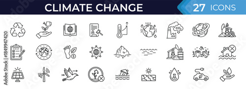 Climate change and global warming outline icon set, showing environment impact, carbon emission, renewable energy, sustainability concepts for education and awareness design