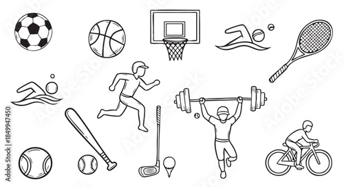 Hand drawn seamless pattern of sports equipment and athletes activities